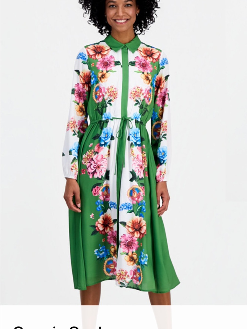 Tahari Green and White Floral Tie-Waist Midi Shirt Dress